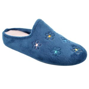 Zapatilla de casa para mujer en algodón natural y con suela de goma y con diseño de flores